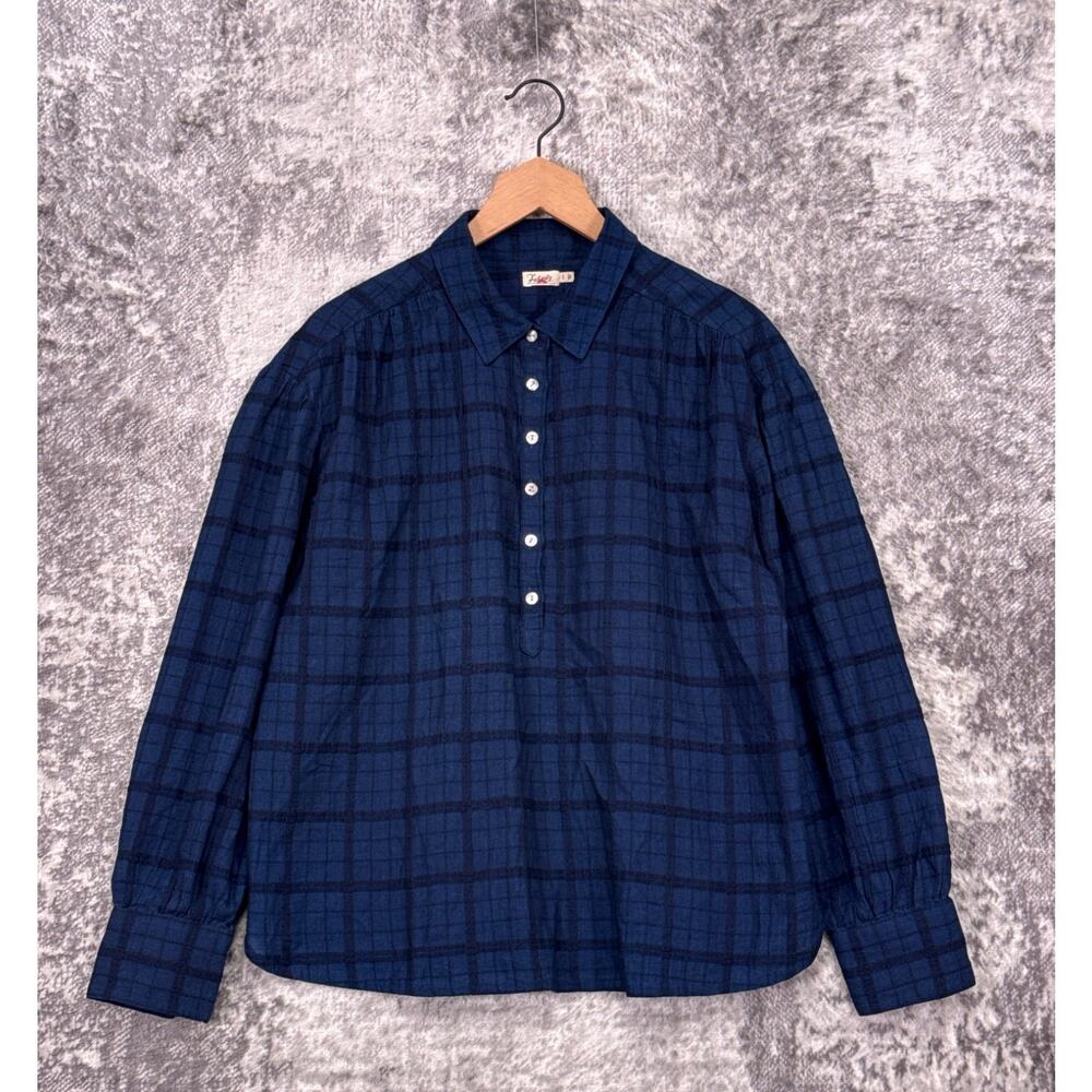 Faherty Top Large Womens Plaid Organic Cotton Gauze Long Sleeve Popover Blouse